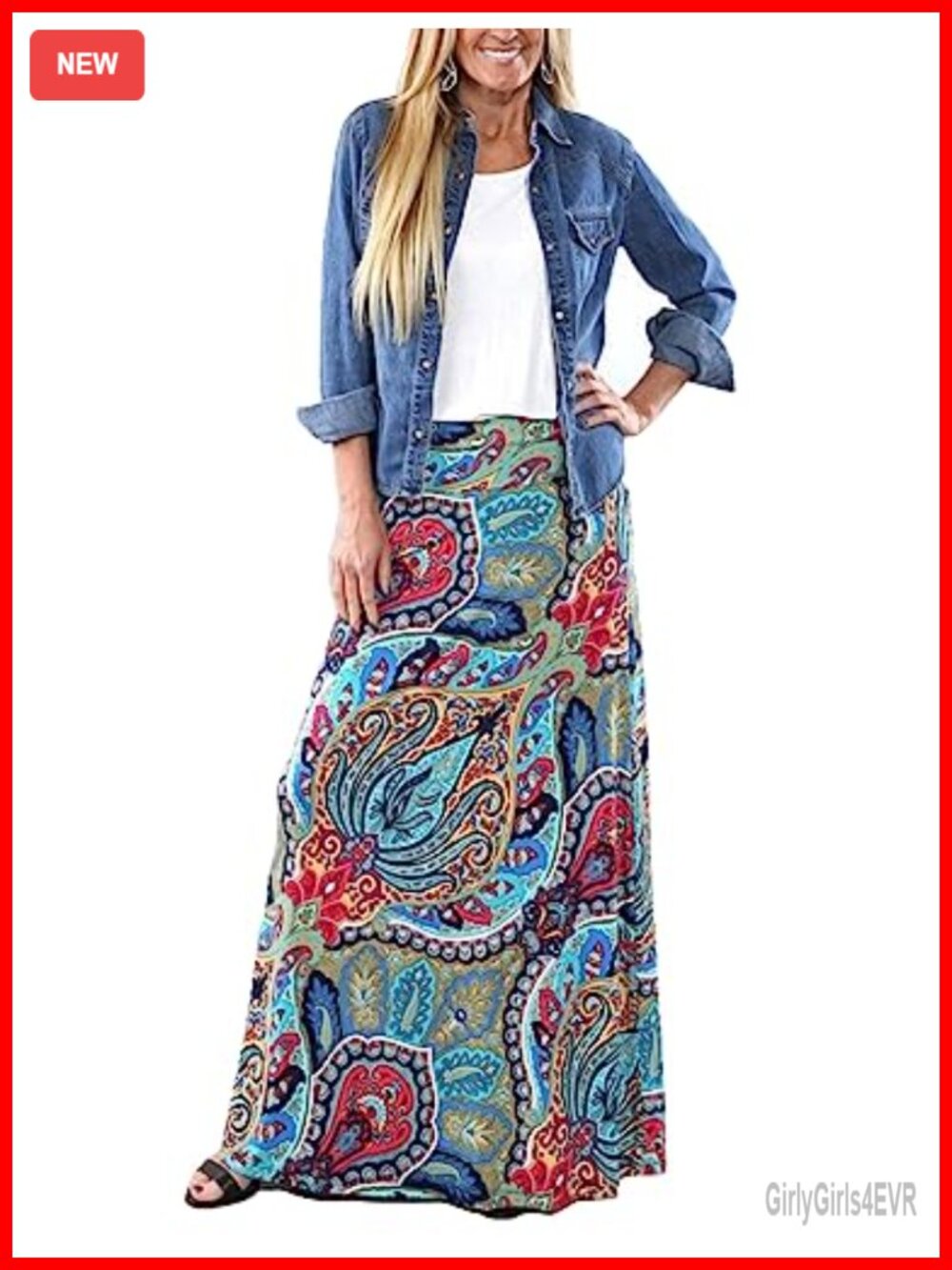Bohemian Print Long Maxi Skirt Elastic Waist A-Line Flowy Beach Vacation